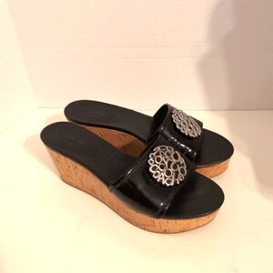 Coach Judith Black Patent Leather Cork Wedge Sandals Silver Emblem‎ 8.5